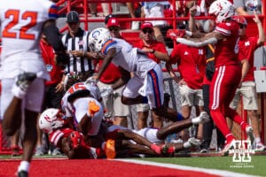 Nebraska Cornhusker Jacory Barney Jr. (2) scores a touchdown against the Houston Christian Huskies in the first quarter during a college football game on Saturday, September 13, 2025, in Lincoln, Nebraska. Photo by John S. Peterson.