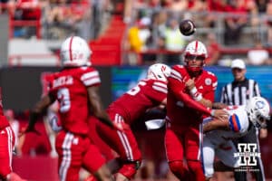 Nebraska Cornhusker Dylan Raiola (15) throws a pass to Jacory Barney Jr. (2) in the first quarter against the Houston Christian Huskies during a college football game on Saturday, September 13, 2025, in Lincoln, Nebraska. Photo by John S. Peterson.