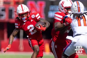 Nebraska Cornhusker Jacory Barney Jr. (2) runs with the ball against the Houston Christian Huskies in the first quarter during a college football game on Saturday, September 13, 2025, in Lincoln, Nebraska. Photo by John S. Peterson.