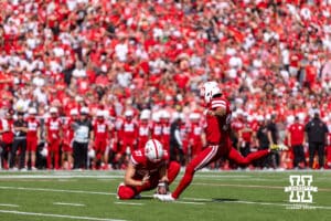 Nebraska Cornhusker Kyle Cunanan (91) kicks for a three point field goal in the first quarter against the Houston Christian Huskies during a college football game on Saturday, September 13, 2025, in Lincoln, Nebraska. Photo by John S. Peterson.
