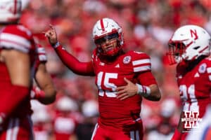 Nebraska Cornhusker Dylan Raiola (15) giving directions against the Houston Christian Huskies during a college football game on Saturday, September 13, 2025, in Lincoln, Nebraska. Photo by John S. Peterson.