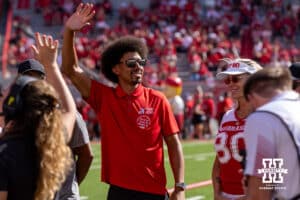 Nebraska Cornhusker Kenny Bell waves to the fans when introduced for being inducted in the Nebraska Football Hall of Fame during a college football game against the Houston Christian Huskies on Saturday, September 13, 2025, in Lincoln, Nebraska. Photo by John S. Peterson.