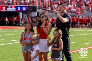 Brett Maher, with his family, waves to the fans when introduced for being inducted in the Nebraska Football Hall of Fame during a college football game against the Houston Christian Huskies on Saturday, September 13, 2025, in Lincoln, Nebraska. Photo by John S. Peterson.