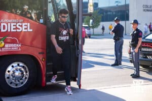 Nebraska Cornhusker Dylan Raiola (15) arrives for the Legacy Walk before taking on the Houston Christian Huskies during a college football game on Saturday, September 13, 2025, in Lincoln, Nebraska. Photo by John S. Peterson.