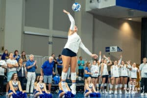 Creighton Bluejay Alivia Hausmann (1) serves for match point during a volleyball match against Northern Iowa on Sunday, September 14th, 2025 in Omaha, Nebraska. Photo by Brandon Tiedemann.