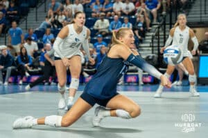 Creighton Bluejay Saige Damrow (13) dives for the ball during a volleyball match against Northern Iowa on Sunday, September 14th, 2025 in Omaha, Nebraska. Photo by Brandon Tiedemann.