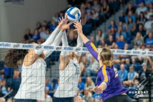 Creighton Bluejays Eloise Brandewie(10) and Jaya Johnson (6) block a tip during a volleyball match against Northern Iowa on Sunday, September 14th, 2025 in Omaha, Nebraska. Photo by Brandon Tiedemann.
