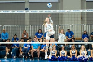 Creighton Bluejay Annalea Maeder (17) serves during a volleyball match against Northern Iowa on Sunday, September 14th, 2025 in Omaha, Nebraska. Photo by Brandon Tiedemann.