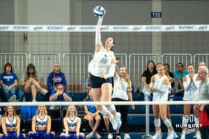 Creighton Bluejay Nora Wurtz (19) serves during a volleyball match against Northern Iowa on Sunday, September 14th, 2025 in Omaha, Nebraska. Photo by Brandon Tiedemann.