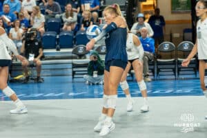 Creighton Bluejay Saige Damrow (13) catches the serve during a volleyball match against Northern Iowa on Sunday, September 14th, 2025 in Omaha, Nebraska. Photo by Brandon Tiedemann.