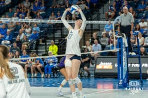 Creighton Bluejay Annalea Maeder (17) sets up an assist during a volleyball match against Northern Iowa on Sunday, September 14th, 2025 in Omaha, Nebraska. Photo by Brandon Tiedemann.