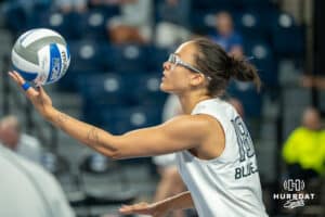 Creighton Bluejay Destiny Ndam-Simpson (18) waits to serve during a volleyball match against Northern Iowa on Sunday, September 14th, 2025 in Omaha, Nebraska. Photo by Brandon Tiedemann.