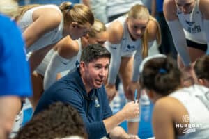 Creighton Bluejay head coach Brian Rosen talks with the team during a volleyball match against Northern Iowa on Sunday, September 14th, 2025 in Omaha, Nebraska. Photo by Brandon Tiedemann.