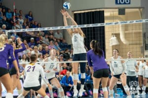Creighton Bluejay Kiara Reinhardt (5) attempts to tip the ball during a volleyball match against Northern Iowa on Sunday, September 14th, 2025 in Omaha, Nebraska. Photo by Brandon Tiedemann.