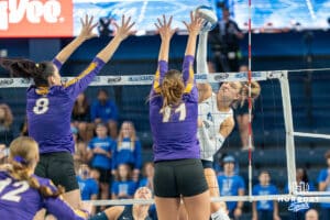 Creighton Bluejay Ava Martin (8) finds a seam and spikes the ball during a volleyball match against Northern Iowa on Sunday, September 14th, 2025 in Omaha, Nebraska. Photo by Brandon Tiedemann.