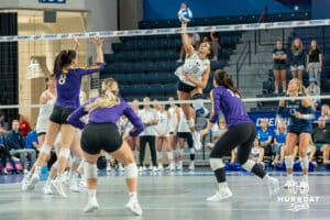 Creighton Bluejay Destiny Ndam-Simpson (18) finds a gap and spikes the ball during a volleyball match against Northern Iowa on Sunday, September 14th, 2025 in Omaha, Nebraska. Photo by Brandon Tiedemann.
