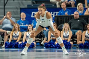 Creighton Bluejay Ava Martin (8) waits for the serve during a volleyball match against Northern Iowa on Sunday, September 14th, 2025 in Omaha, Nebraska. Photo by Brandon Tiedemann.