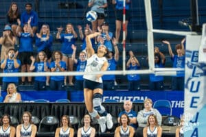 Creighton Bluejay Destiny Ndam-Simpson (18) serves during a volleyball match against Northern Iowa on Sunday, September 14th, 2025 in Omaha, Nebraska. Photo by Brandon Tiedemann.