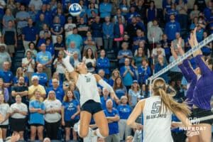 Creighton Bluejay Ava Martin (8) waits to hit the ball during a volleyball match against Northern Iowa on Sunday, September 14th, 2025 in Omaha, Nebraska. Photo by Brandon Tiedemann.