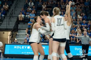 Creighton Bluejay Sydney Breissinger (24) and Nora Wurtz (19) celebrate together during a volleyball match against Northern Iowa on Sunday, September 14th, 2025 in Omaha, Nebraska. Photo by Brandon Tiedemann.