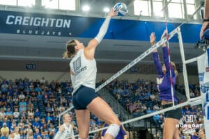 Creighton Bluejay Eloise Brandewie (10) tips a ball over the net during a volleyball match against Northern Iowa on Sunday, September 14th, 2025 in Omaha, Nebraska. Photo by Brandon Tiedemann.