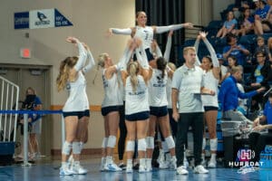 Creighton Bluejay bench lifts up Alivia Hausmann (1) while celebrating during a volleyball match against Northern Iowa on Sunday, September 14th, 2025 in Omaha, Nebraska. Photo by Brandon Tiedemann.