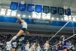 Creighton Bluejay Destiny Ndam-Simpson (18) prepares to spike the ball during a volleyball match against Northern Iowa on Sunday, September 14th, 2025 in Omaha, Nebraska. Photo by Brandon Tiedemann.