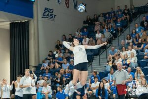 Creighton Bluejay Nora Wurtz (19) serves during a volleyball match against Northern Iowa on Sunday, September 14th, 2025 in Omaha, Nebraska. Photo by Brandon Tiedemann.