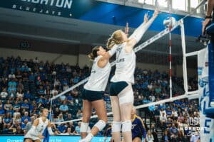 Creighton Bluejay Annalea Maeder (17) blocks a ball during a volleyball match against Northern Iowa on Sunday, September 14th, 2025 in Omaha, Nebraska. Photo by Brandon Tiedemann.