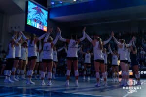 Creighton Bluejays huddle up before a volleyball match against Northern Iowa on Sunday, September 14th, 2025 in Omaha, Nebraska. Photo by Brandon Tiedemann.