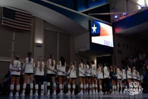 Creighton Bluejays during the national anthem before a volleyball match against Northern Iowa on Sunday, September 14th, 2025 in Omaha, Nebraska. Photo by Brandon Tiedemann.