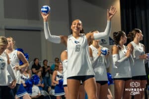 Creighton Bluejay Jaya Johnson (6) is introduced before a volleyball match against Northern Iowa on Sunday, September 14th, 2025 in Omaha, Nebraska. Photo by Brandon Tiedemann.