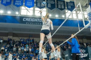 Creighton Bluejay Annalea Maeder (17) warms up before a volleyball match against Northern Iowa on Sunday, September 14th, 2025 in Omaha, Nebraska. Photo by Brandon Tiedemann.