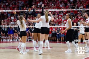 Nebraska Cornhuskers celebrates match point against the Grand Canyon Lopes in the third set during a college volleyball match on Saturday, September 13, 2025, in Lincoln, Nebraska. Photo by John S. Peterson.
