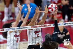 Nebraska Cornhuskers Rebekah Allick (5) and Virginia Adriano (9) blocks the ball against the Grand Canyon Lopes in the third set during a college volleyball match on Saturday, September 13, 2025, in Lincoln, Nebraska. Photo by John S. Peterson.