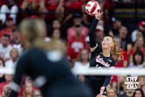 Nebraska Cornhusker Olivia Mauch (10) serves the ball against the Grand Canyon Lopes in the second set during a college volleyball match on Saturday, September 13, 2025, in Lincoln, Nebraska. Photo by John S. Peterson.