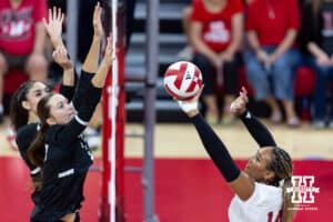 Nebraska Cornhusker Manaia Ogbechie (14) tips the ball over the net against the Grand Canyon Lopes in the first set during a college volleyball match on Saturday, September 13, 2025, in Lincoln, Nebraska. Photo by John S. Peterson.