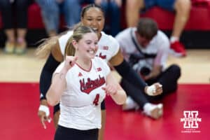 Nebraska Cornhusker Campbell Flynn (4) celebrates get a kill against the Grand Canyon Lopes in the first set during a college volleyball match on Saturday, September 13, 2025, in Lincoln, Nebraska. Photo by John S. Peterson.