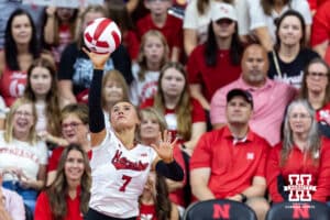 Nebraska Cornhusker Maisie Boesiger (7) serves the ball against the Grand Canyon Lopes in the first set during a college volleyball match on Saturday, September 13, 2025, in Lincoln, Nebraska. Photo by John S. Peterson.
