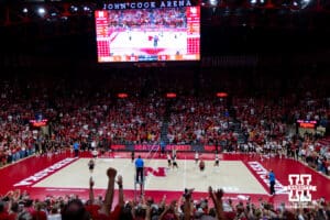 Nebraska Cornhuskers celebrate match point against the Utah Utes during a college volleyball match on Friday, September 12, 2025, in Lincoln, NE. Photo by John S. Peterson.