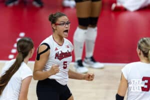 Nebraska Cornhusker Rebekah Allick (5) celebrates a kill against the Utah Utes in the fourth set during a college volleyball match on Friday, September 12, 2025, in Lincoln, NE. Photo by John S. Peterson.