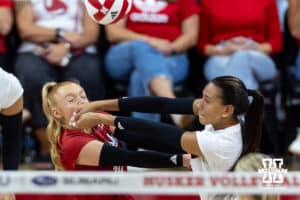 Nebraska Cornhuskers Harper Murray (27) and Olivia Mauch (10) collide going after the ball in the third set during a college volleyball match on Friday, September 12, 2025, in Lincoln, NE. Photo by John S. Peterson.