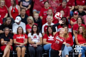 Nebraska Cornhusker Olivia Mauch (10) serves the ball against the Utah Utes in the third set during a college volleyball match on Friday, September 12, 2025, in Lincoln, NE. Photo by John S. Peterson.