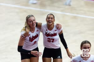Nebraska Cornhuskers Allie Sczech (3) and Harper Murray (27) head to the locker room after the second set against the Utah Utes during a college volleyball match on Friday, September 12, 2025, in Lincoln, NE. Photo by John S. Peterson.