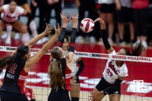 Nebraska Cornhusker Harper Murray (27) gets a kill against the Utah Utes in the second set during a college volleyball match on Friday, September 12, 2025, in Lincoln, NE. Photo by John S. Peterson.