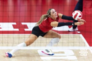 Nebraska Cornhusker Laney Choboy (6) digs the ball against the Utah Utes in the second set during a college volleyball match on Friday, September 12, 2025, in Lincoln, NE. Photo by John S. Peterson.