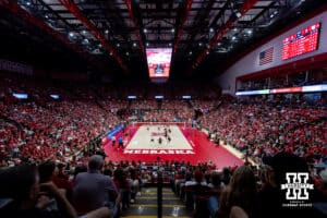 Nebraska Cornhuskers take on the Utah Utes in front of a packed house during a college volleyball match on Friday, September 12, 2025, in Lincoln, NE. Photo by John S. Peterson.