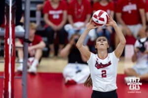 Nebraska Cornhusker Bergen Reilly (2) sets the ball against the Utah Utes in the first set during a college volleyball match on Friday, September 12, 2025, in Lincoln, NE. Photo by John S. Peterson.