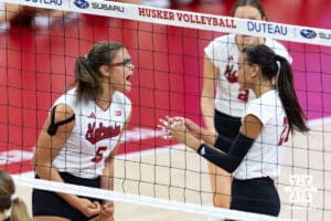 Nebraska Cornhusker Rebekah Allick (5) celebrates a kill against the Utah Utes during a college volleyball match on Friday, September 12, 2025, in Lincoln, NE. Photo by John S. Peterson.
