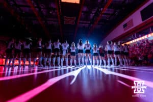 Nebraska Cornhuskers lined up for introductions before taking on the Utah Utes during a college volleyball match on Friday, September 12, 2025, in Lincoln, NE. Photo by John S. Peterson.